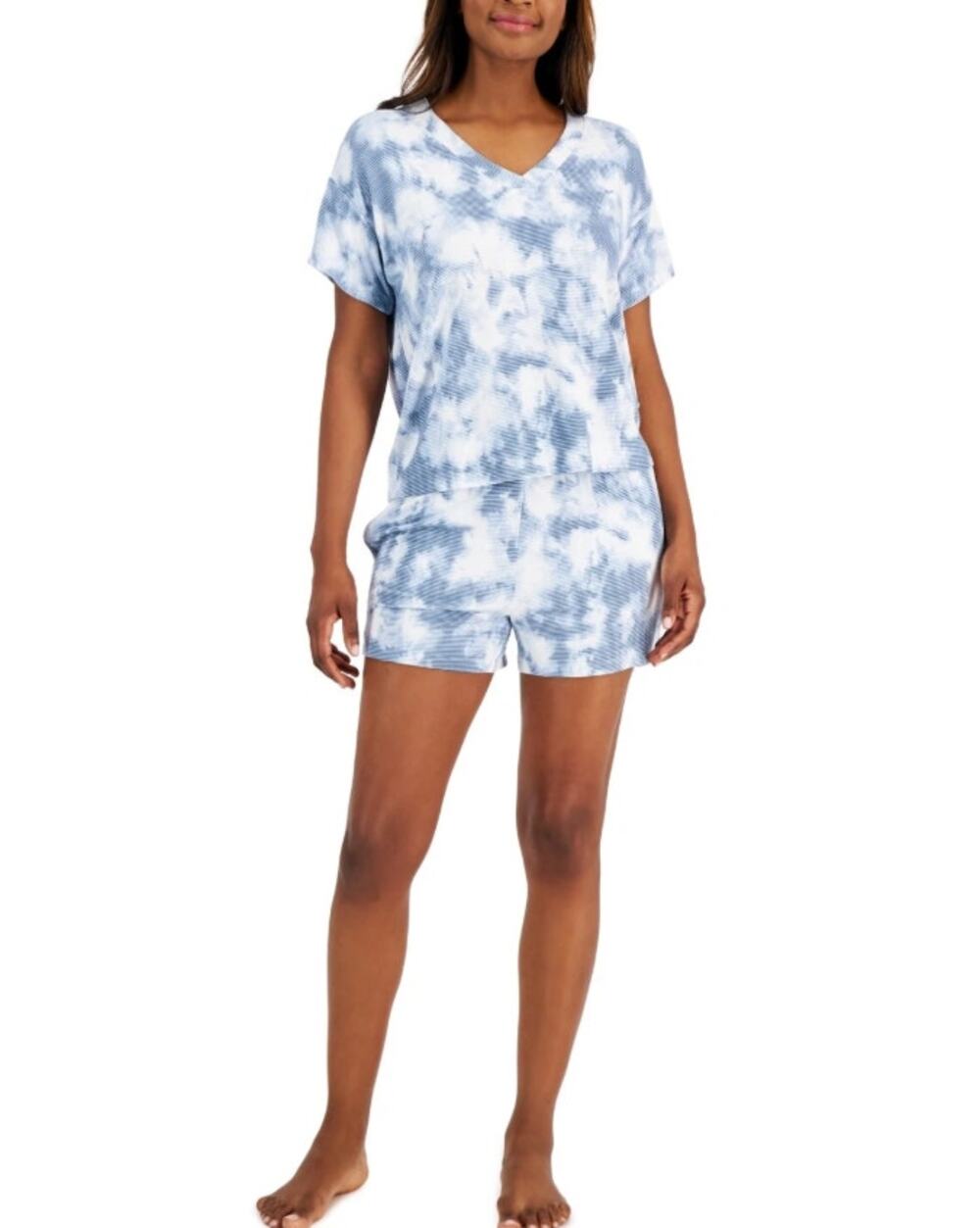 Alfani Intimates Pajama Set Large Blue White Tie Dye V Neck Top Shorts